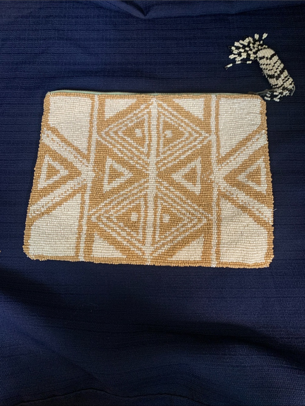 Jasper & Jeera Hand-Beaded Geometric Clutch — Cream & Tan